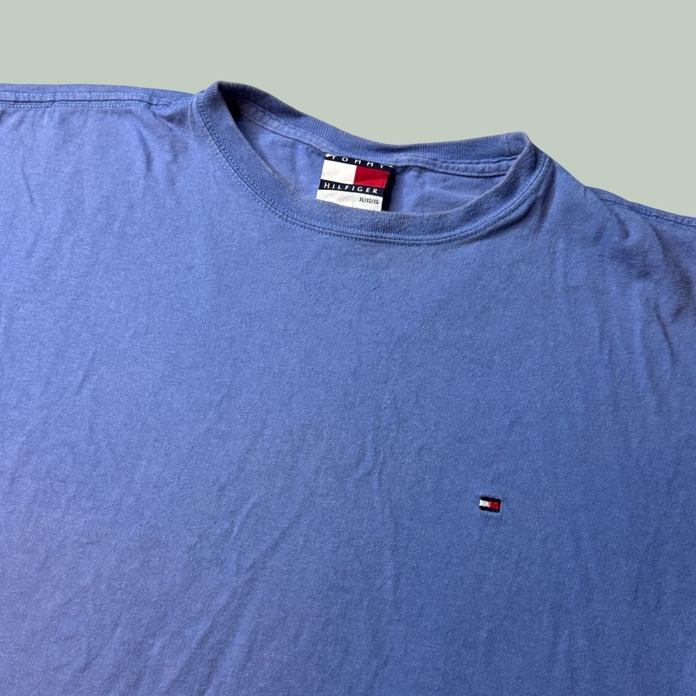 Vintage Tommy Hilfiger T-Shirt Mens XL 0279886 Blue Embroidered Flag Logo Y2K